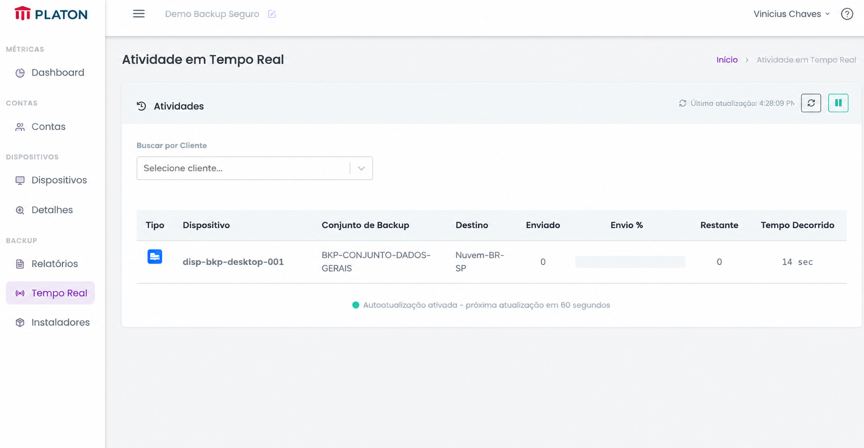 Tela de atividade em tempo real de backup